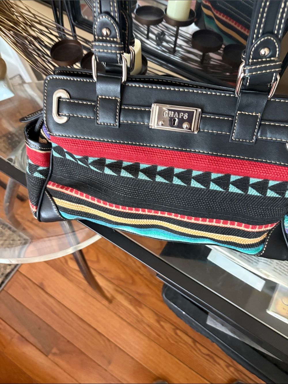 Chaps Black Shoulder Bag with Red, Turquoise & Yellow Stripes